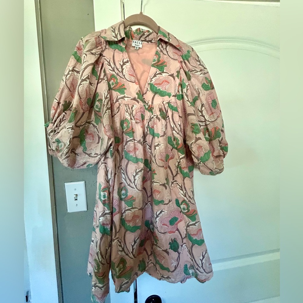 Floral pink and mint patterned Saule Parc mini dress. Size Small